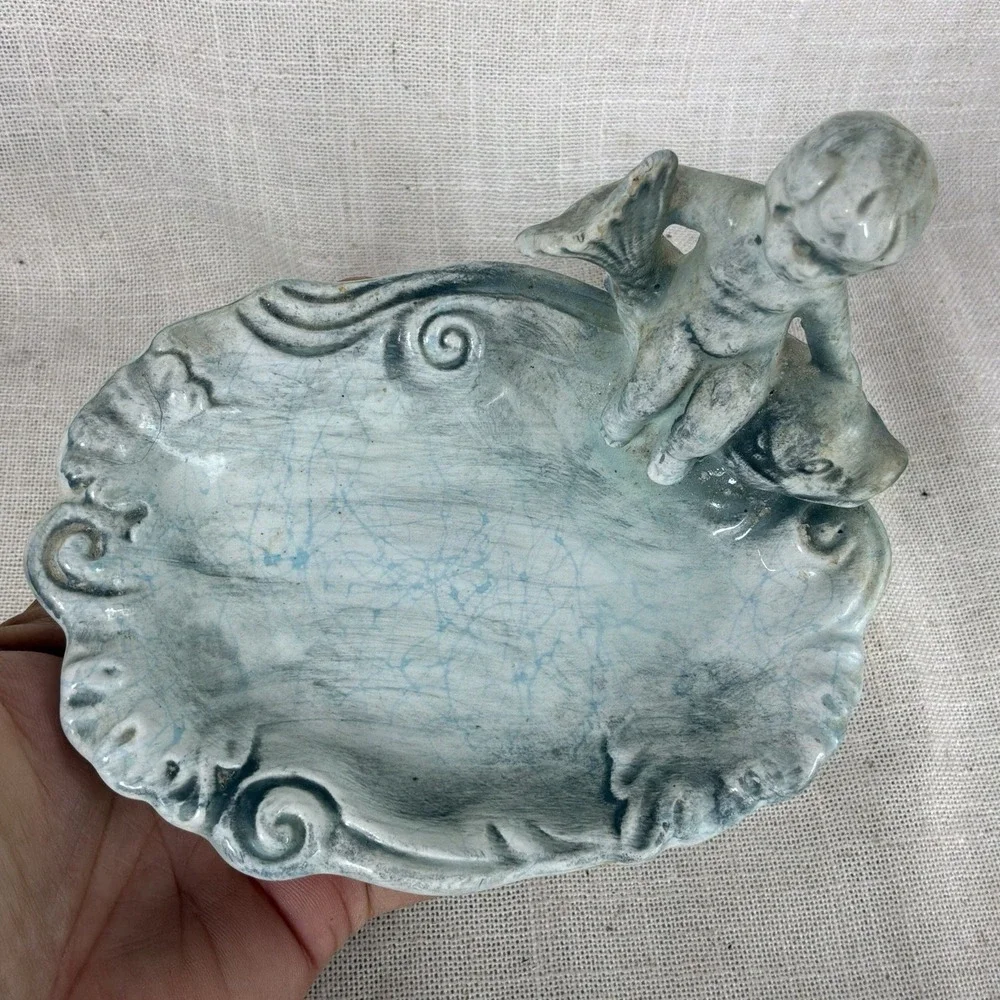VINTAGE ENESCO Nautical Cherub Boy On Koi Fish Bathroom Soap/Trinket Dish E-4066